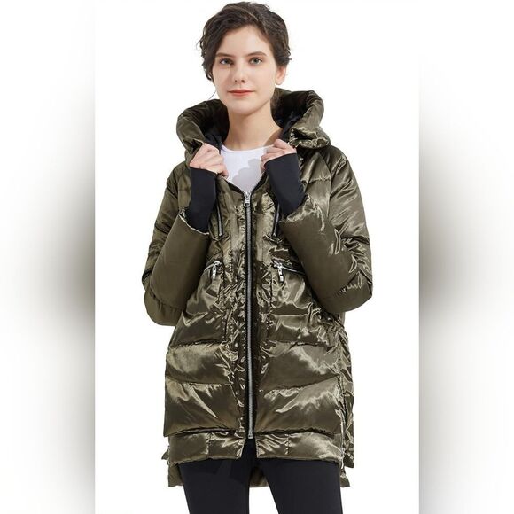 Womens Orolay Shiny Down‎ Hooded Trench Puffer Jacket - Picture 1 of 12